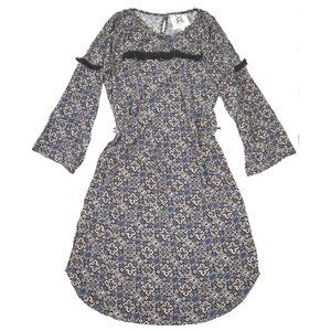 New Figue silk dress with fringe midnight blue plum geometric print